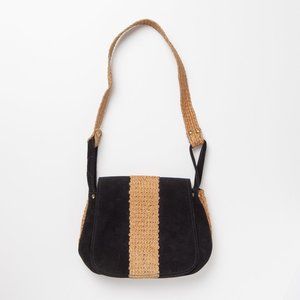 Vintage Black Suede Leather Purse with Burlap Strap & Stripe Small Shoulder Bag